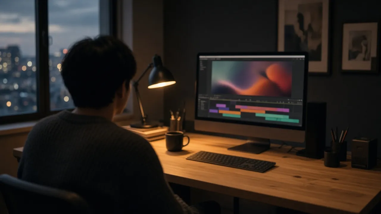 夕暮れの部屋で映像を編集する人のイメージ写真